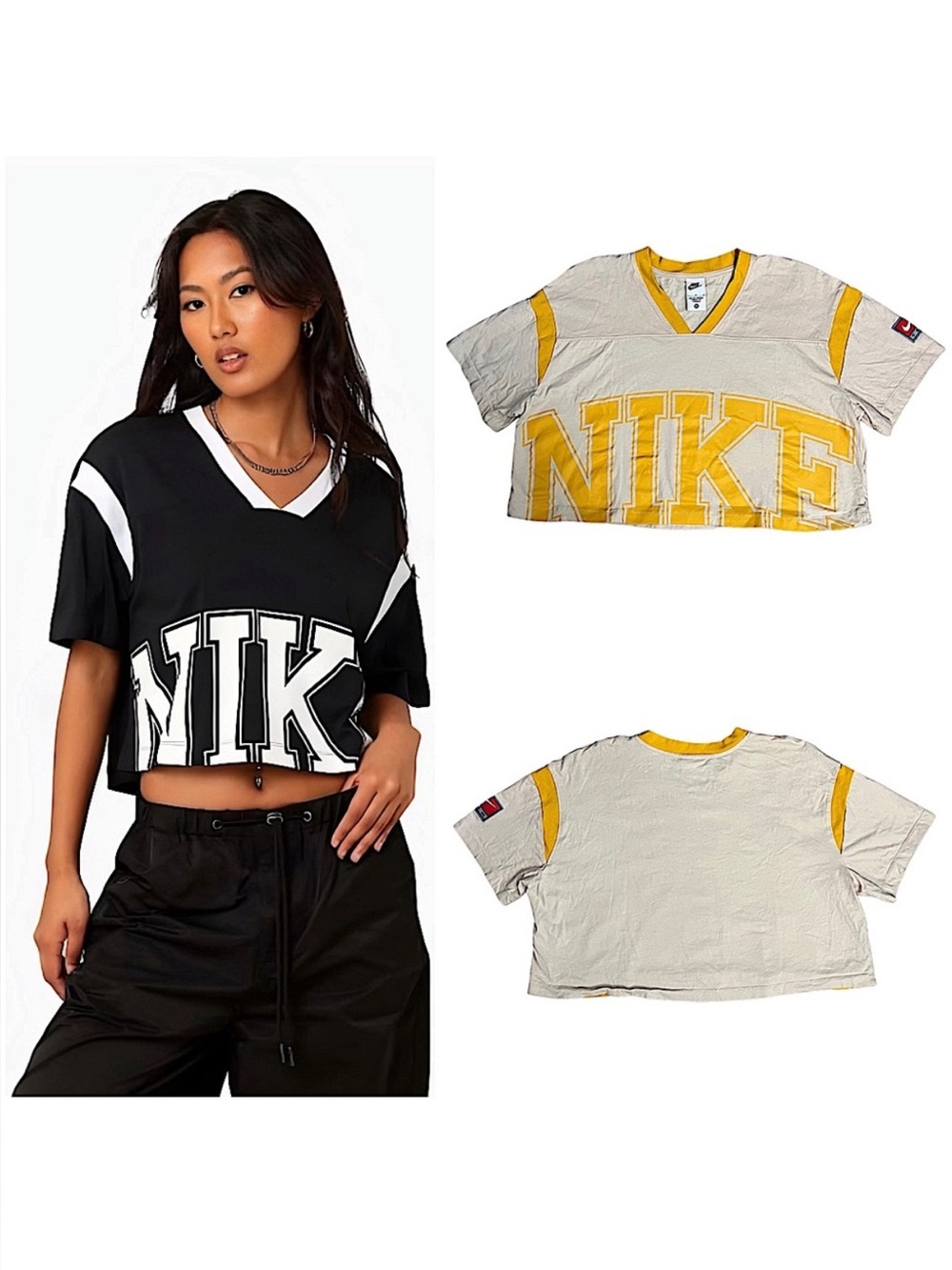 Nike Women's Short Sleeve V-Neck Yellow & Beige Crop Tee Large